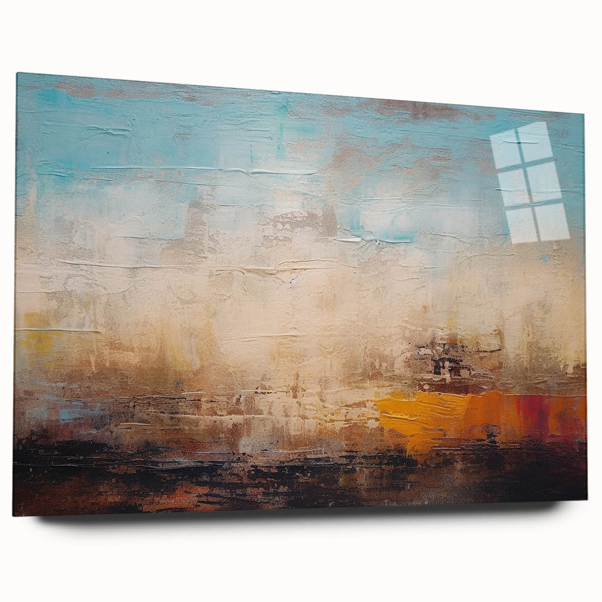 Abstract strokes and lines in vibrant colors create a modern wall art design, showcased in acrylic glass from a side view, ideal for contemporary decor.