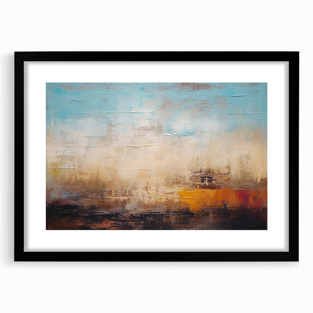Abstract wall art featuring dynamic strokes and lines in a modern black frame with a mat, perfect for enhancing contemporary interior decor.