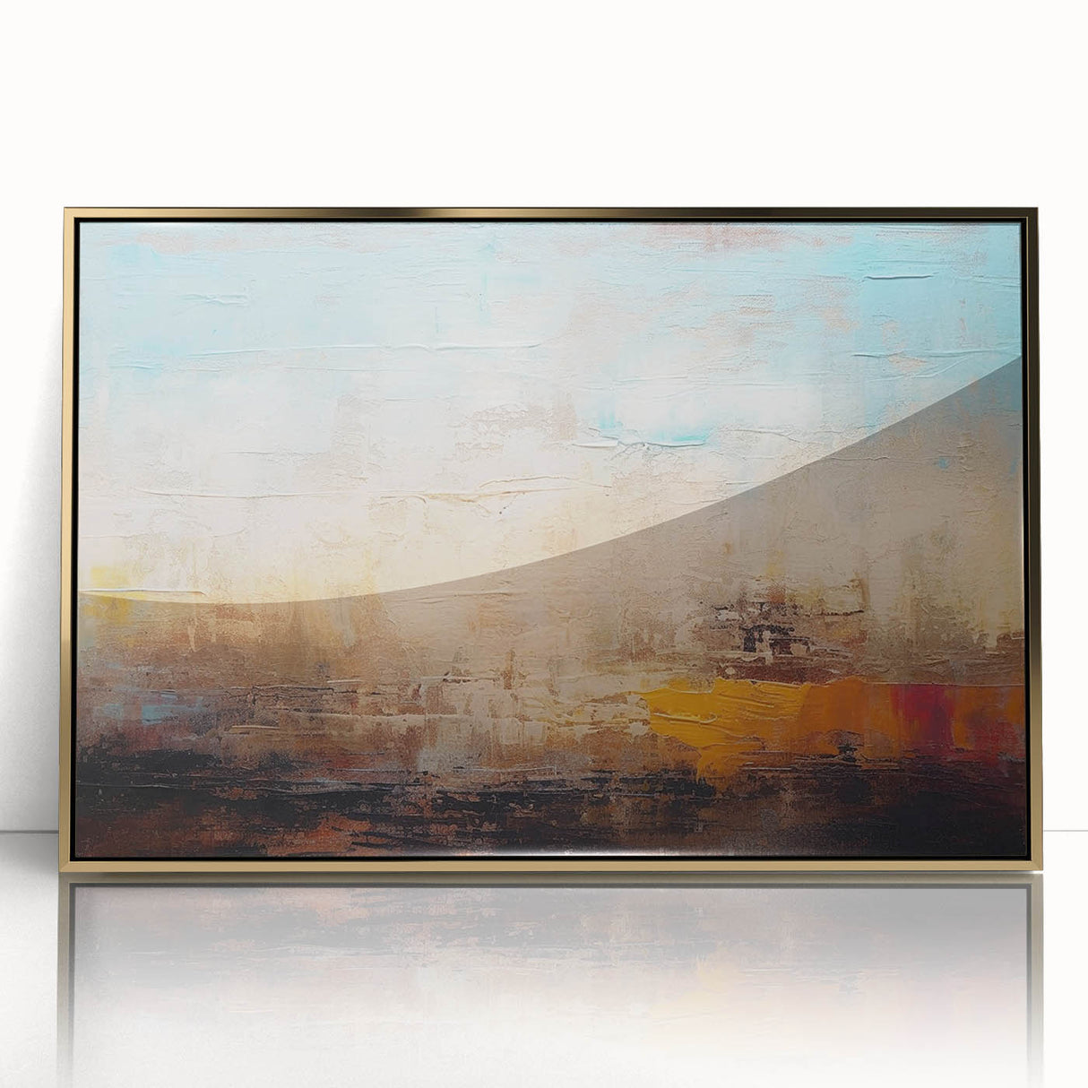 Abstract strokes and lines in a gold-accented framed wall art piece, showcasing a modern artistic design that enhances contemporary home decor aesthetics.
