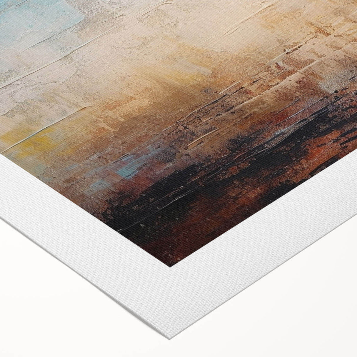 Abstract strokes and lines design on rolled canvas wall art, showcasing vibrant hues of blue, orange, and yellow, perfect for modern home decor.