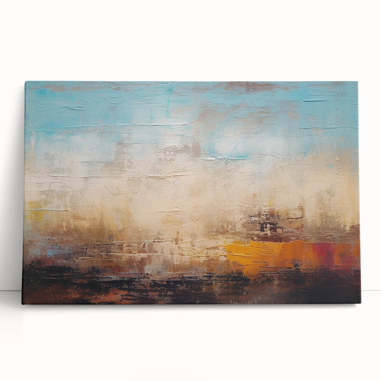 Abstract wall art featuring dynamic strokes and lines in shades of blue, gray, and gold, designed for contemporary decor, perfect for modern living spaces.