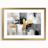Abstract strokes and lines design wall art in a gold frame with matting, showcasing a modern aesthetic perfect for contemporary decor. Ideal for living rooms or offices.