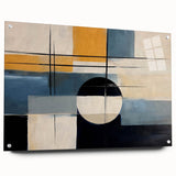 Abstract wall art design showcasing colorful strokes and lines in a modern acrylic glass frame, viewed from the side with decorative pins highlighting its elegance.