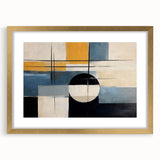 Abstract wall art design showcasing dynamic strokes and lines in soft pastel colors, framed with a gold mat, perfect for modern home decor.