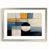 Abstract wall art print showcasing a modern design of colorful strokes and lines, framed in silver with a mat, perfect for contemporary home decor.