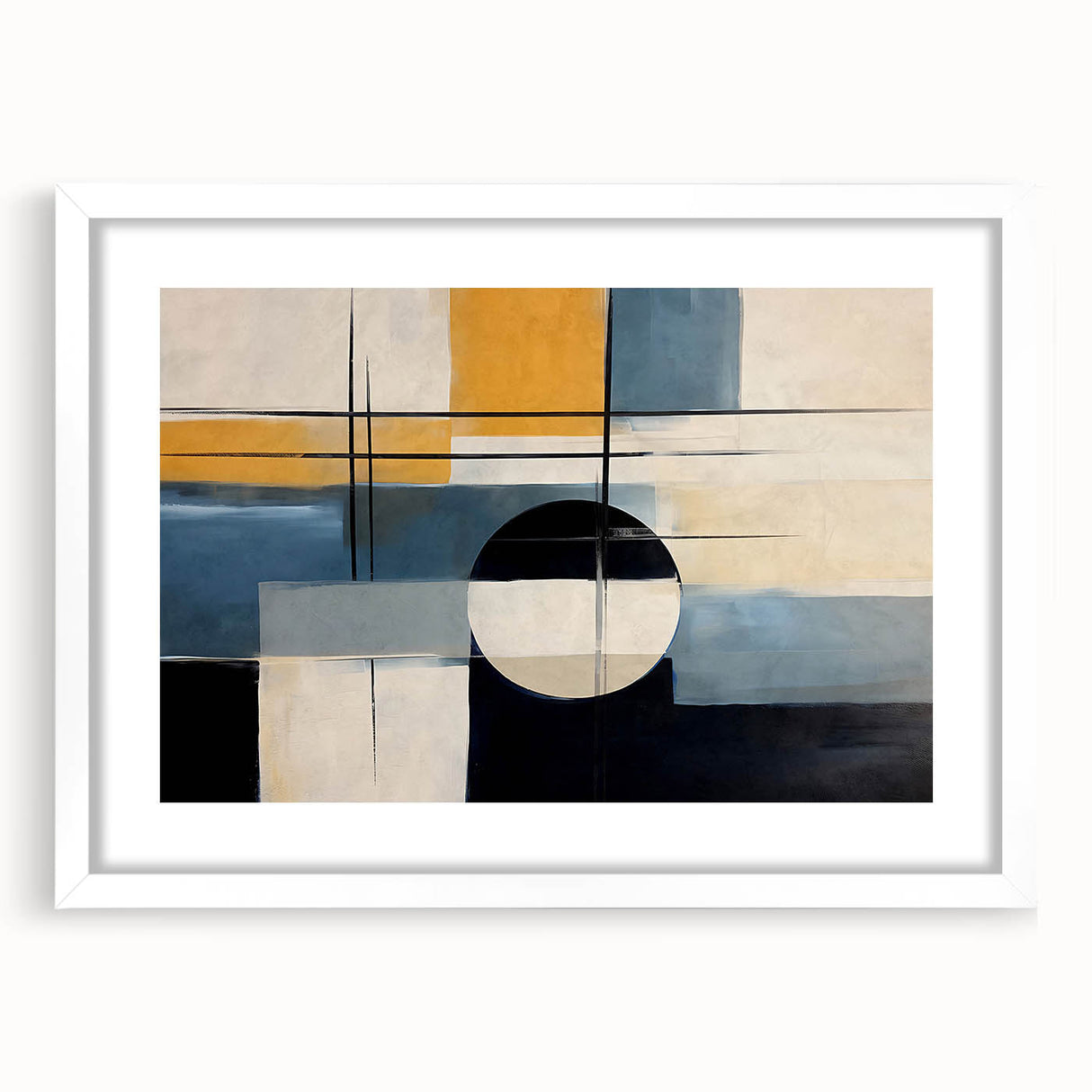 Abstract wall art featuring a modern design of colorful strokes and lines, framed in white with a mat, ideal for contemporary home decor.