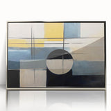 Framed wall art featuring an abstract design of colorful strokes and lines in silver and blue tones, perfect for modern home decor or office spaces.