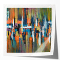 Abstract wall art featuring vibrant strokes and lines in shades of blue, pink, and gold. Ideal for modern decor, this glossy print adds a pop of color to any space.