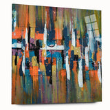 Abstract wall art design featuring vibrant strokes and lines in shades of blue, pink, and gold on acrylic glass, showcasing a contemporary aesthetic suitable for modern decor.
