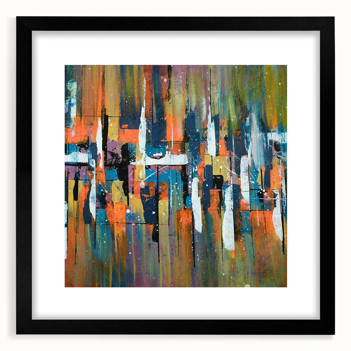 Abstract wall art featuring intricate strokes and lines in a modern design, presented in a sleek black frame with a mat, enhancing contemporary decor aesthetics.