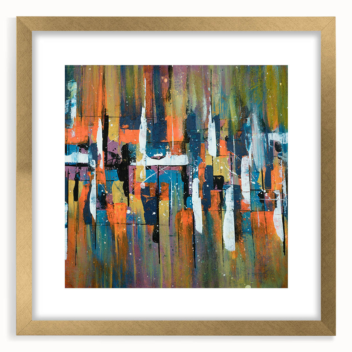 Abstract wall art featuring strokes and lines in a blend of gold and neutral tones, elegantly framed with a mat, showcasing a modern aesthetic perfect for home decor.