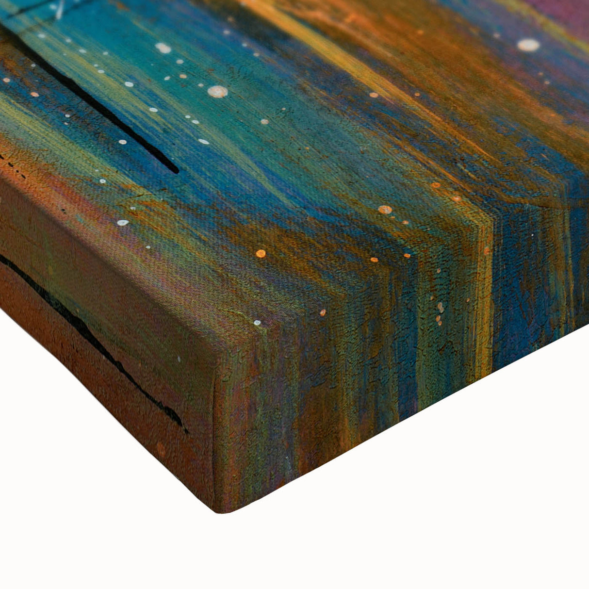 Close-up of a vibrant abstract strokes and lines design on stretched canvas, showcasing a blend of bold colors and intricate patterns ideal for modern home decor.