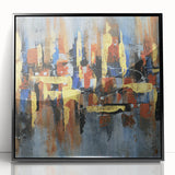 Framed wall art showcasing an abstract design of colorful strokes and lines, featuring a sleek black frame, perfect for modern home decor.