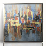 Framed wall art displaying an abstract design of colorful strokes and lines, featuring a sleek silver frame, perfect for modern interior decor. The piece adds a vibrant touch to any room while complementing contemporary aesthetics.