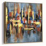 Framed wall art showcasing an abstract design with gold strokes and lines on a textured canvas, perfect for modern home decor. Ideal for enhancing any space.