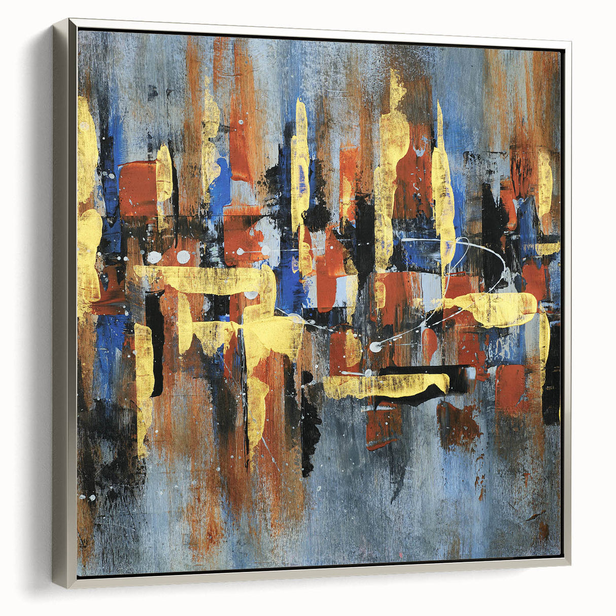 Framed wall art showcasing an abstract design with silver strokes and lines, perfect for modern decor; side view highlights its sleek finish and texture.