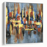 Framed abstract wall art showcasing dynamic strokes and lines in soft pastel colors, displayed from the side to highlight its modern design and texture.