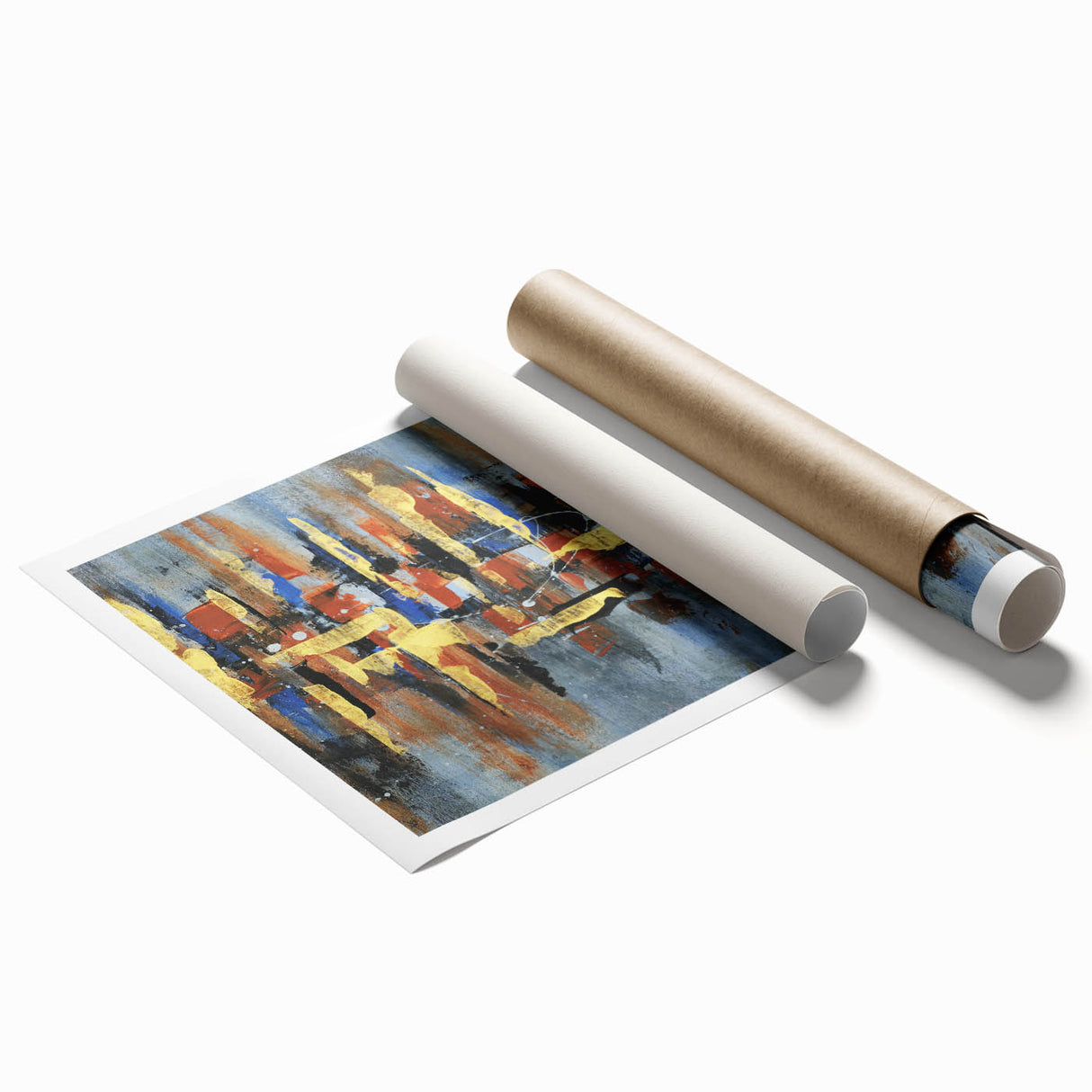 Abstract wall art print showcasing vibrant strokes and lines in shades of blue, yellow, and pink, ideal for modern home decor. Perfect for enhancing living spaces with contemporary style.