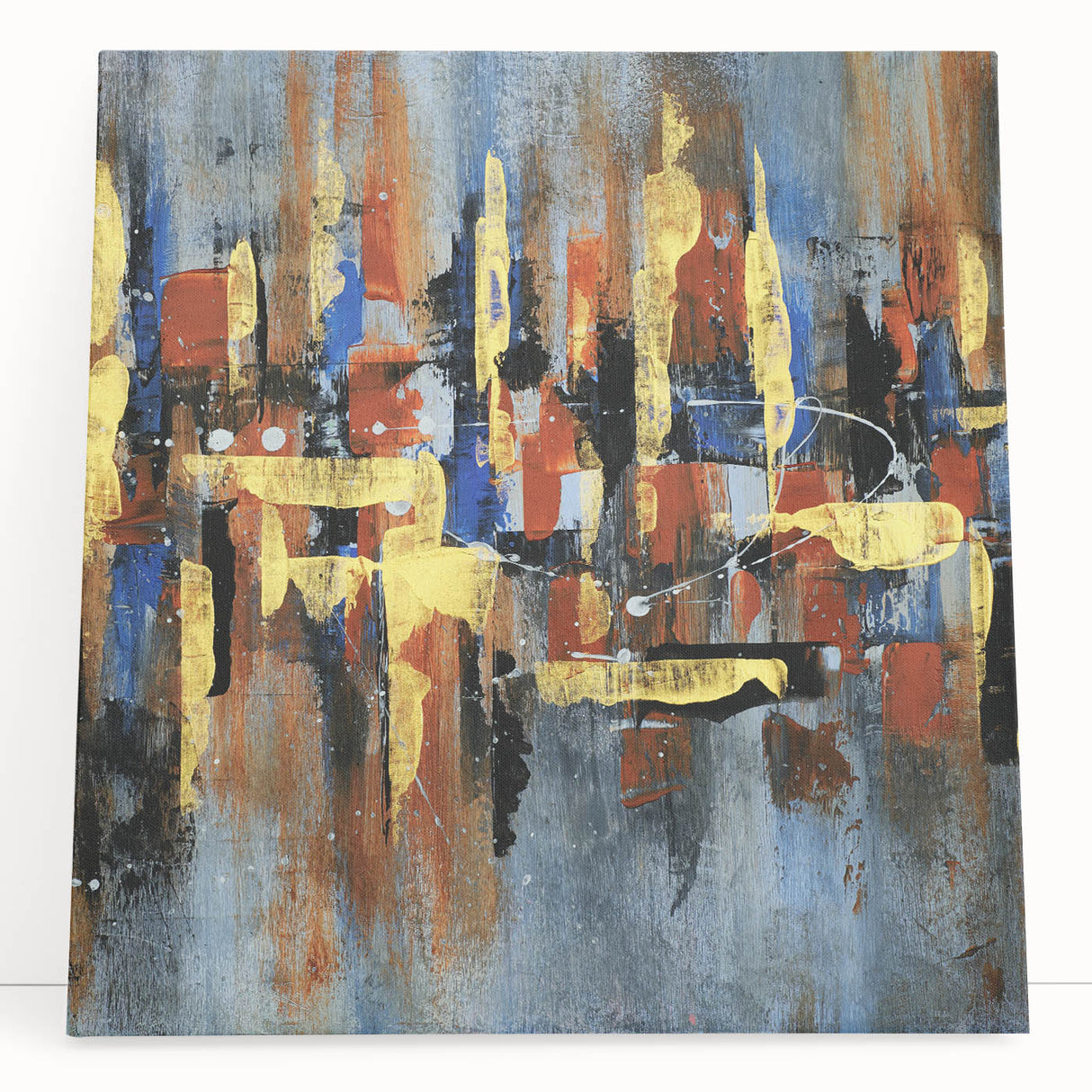 Abstract wall art featuring vibrant strokes and lines in blue, orange, and yellow, displayed on a stretched canvas, perfect for modern home decor.
