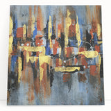 Abstract wall art featuring vibrant strokes and lines in blue, orange, and yellow, displayed on a stretched canvas, perfect for modern home decor.