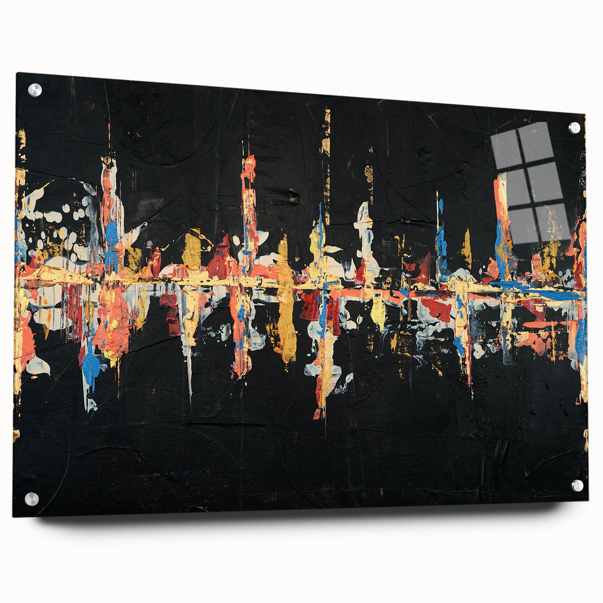 Abstract wall art design showcasing vibrant strokes and lines in striking colors, framed with acrylic glass and featuring visible mounting pins, perfect for modern decor.