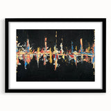 Abstract wall art featuring a dynamic composition of colorful strokes and lines, framed with a sleek black mat, ideal for modern interior decor.