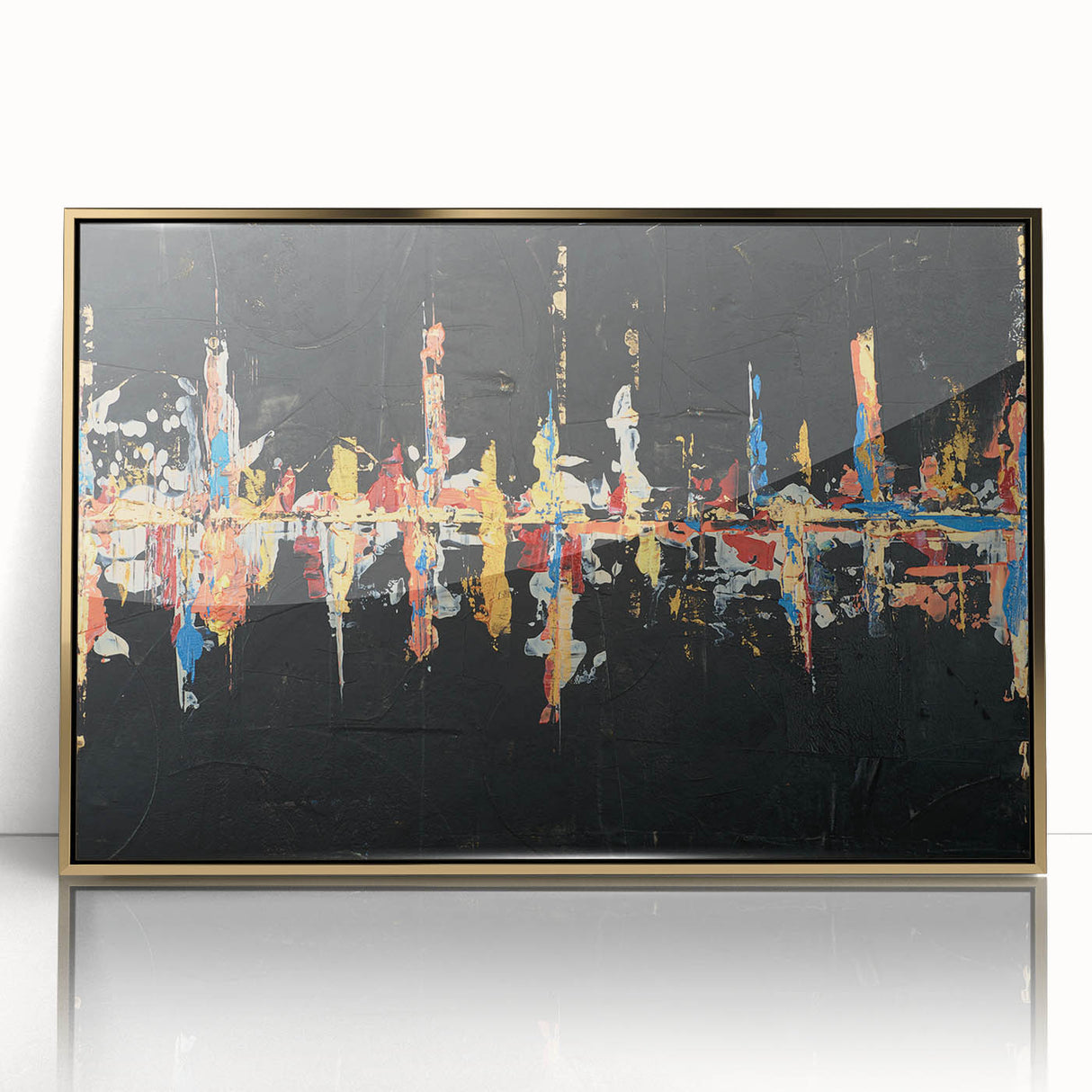 Framed wall art featuring an abstract design with golden acrylic strokes and lines, showcasing a modern aesthetic perfect for contemporary decor.