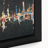 Close-up of a framed canvas featuring an abstract strokes and lines design in vibrant colors, showcasing artistic textures and depth, perfect for modern home decor.