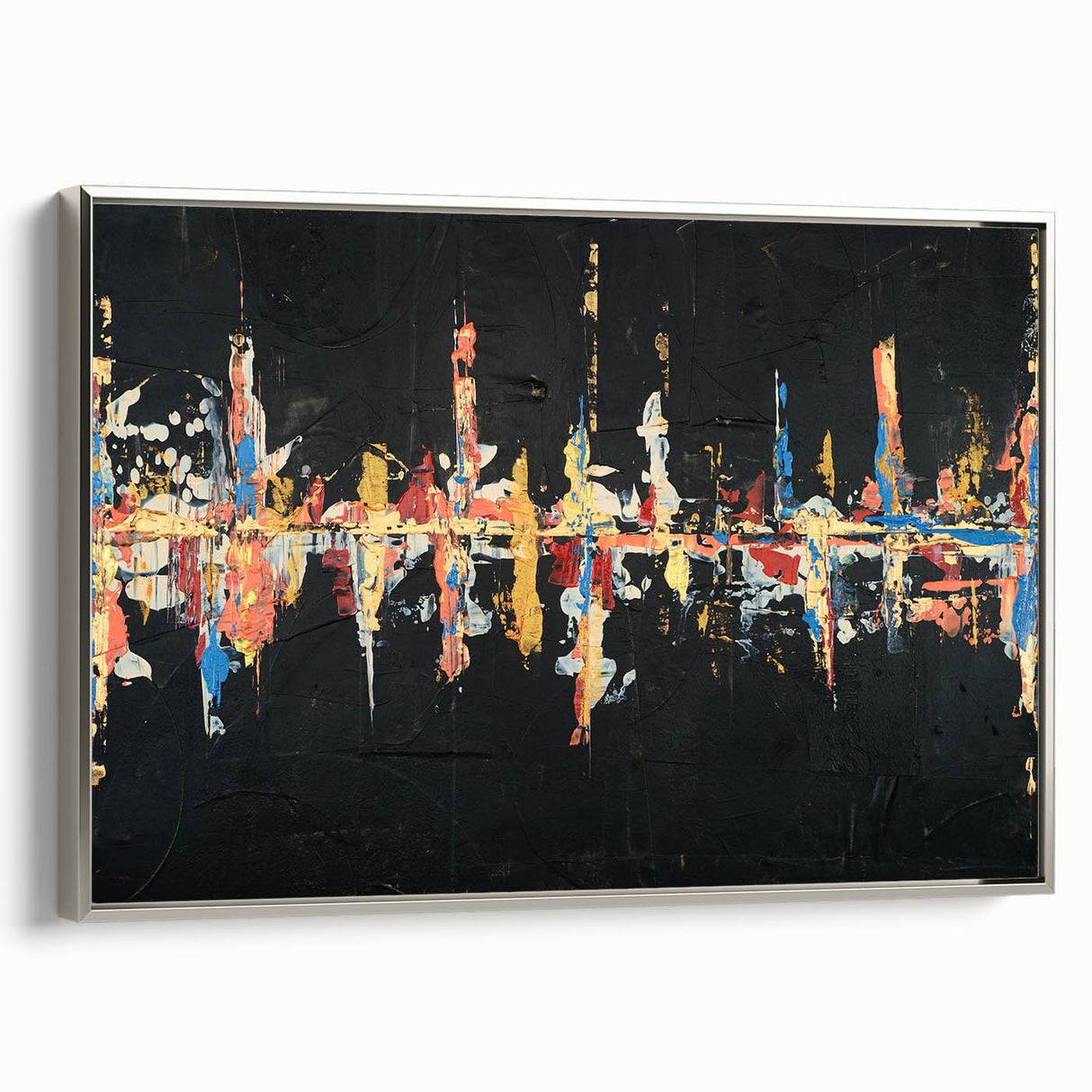 Framed abstract wall art featuring elegant strokes and lines in soft silver tones, showcasing a modern design ideal for contemporary home decor. Perfect for enhancing living spaces with a touch of sophistication.