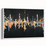 Framed canvas wall art showcasing an abstract design of colorful strokes and lines, featuring a modern aesthetic with a white frame, ideal for contemporary decor.