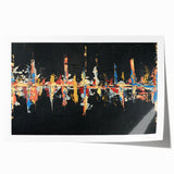 Abstract wall art print featuring vibrant strokes and lines in shades of blue, orange, and yellow, ideal for modern home decor or artistic displays.