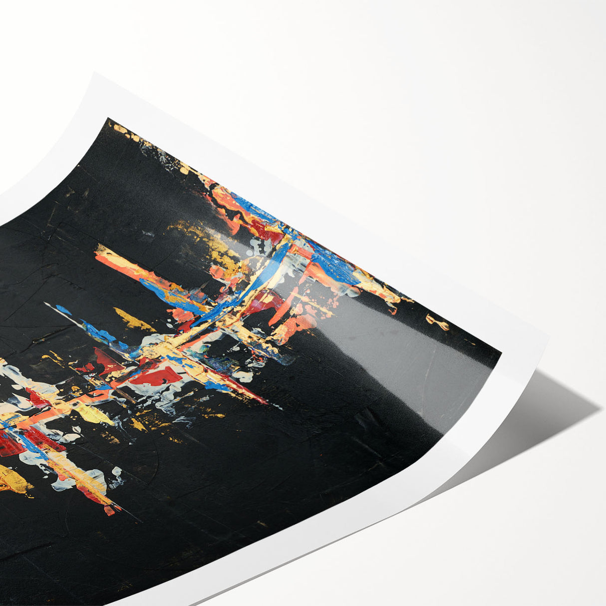 Abstract wall art print showcasing dynamic strokes and lines in vibrant colors, ideal for modern decor. This rolled canvas design adds a contemporary touch to any space.