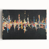 Abstract wall art design showcasing vibrant strokes and lines in shades of blue, green, and gold, printed on stretched canvas, ideal for modern home decor.