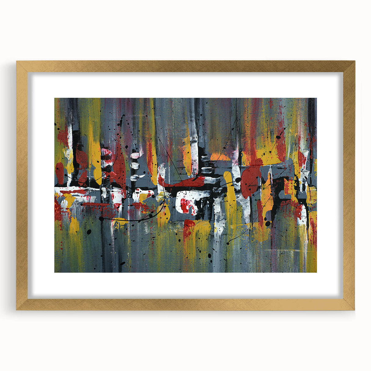 Abstract strokes and lines design wall art framed with matting in gold, showcasing an elegant and modern aesthetic suitable for contemporary home decor.