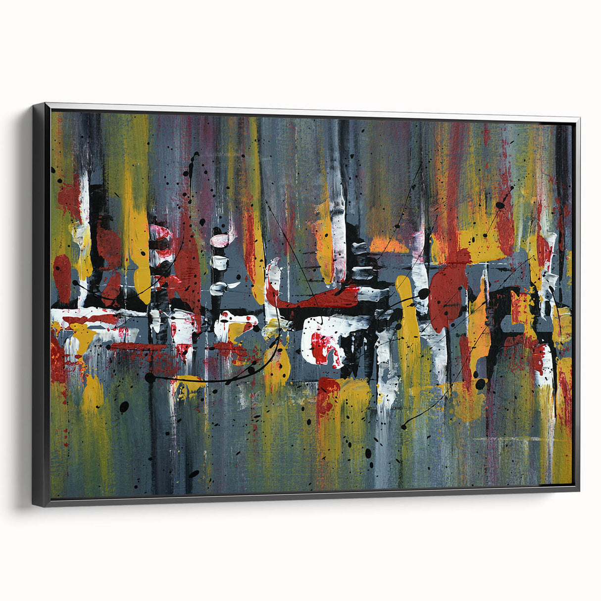 Framed canvas wall art showcasing an abstract design of colorful strokes and lines in a modern aesthetic, perfect for contemporary home decor.