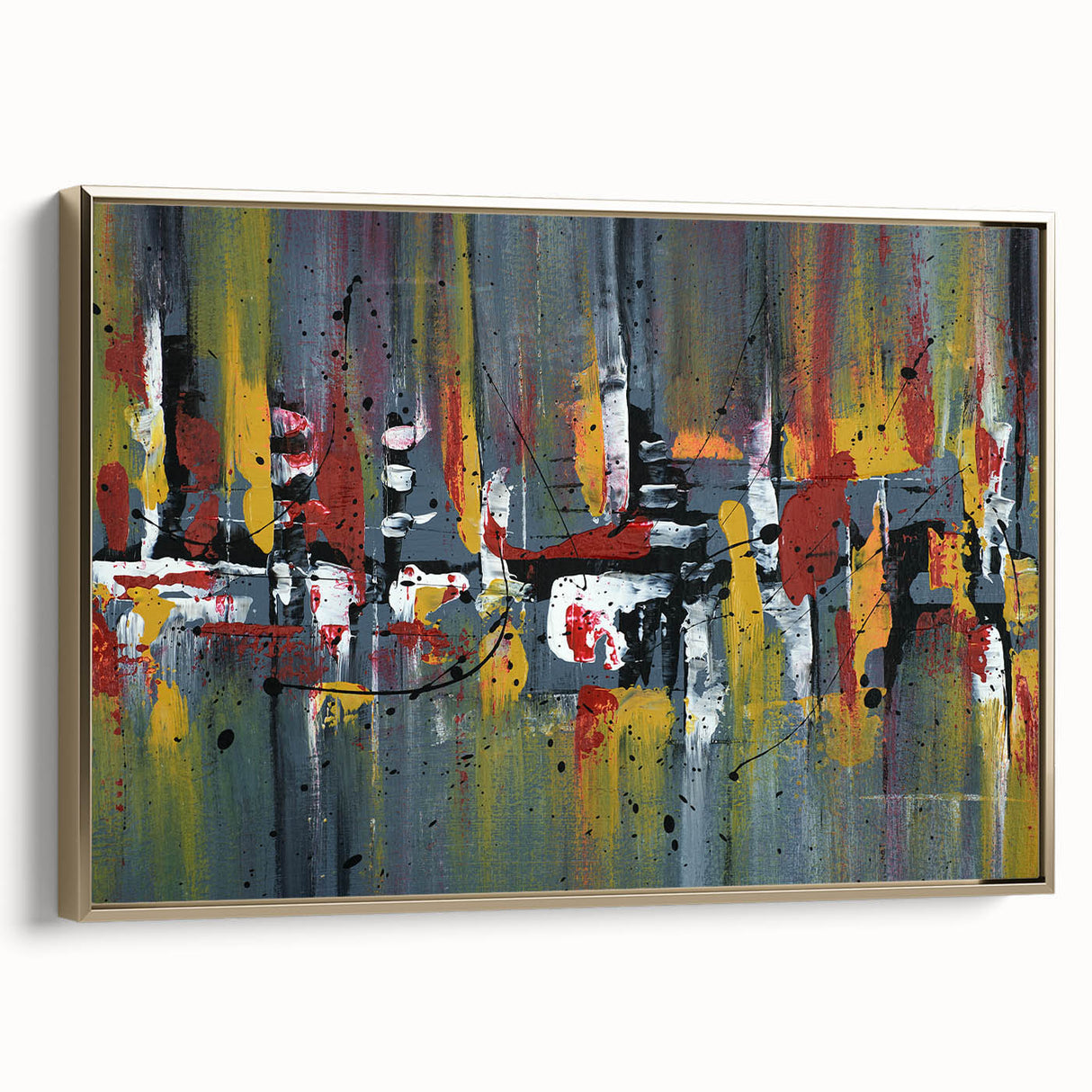 Framed wall art featuring an abstract design of gold strokes and lines on a textured canvas, showcasing a contemporary aesthetic perfect for modern decor.