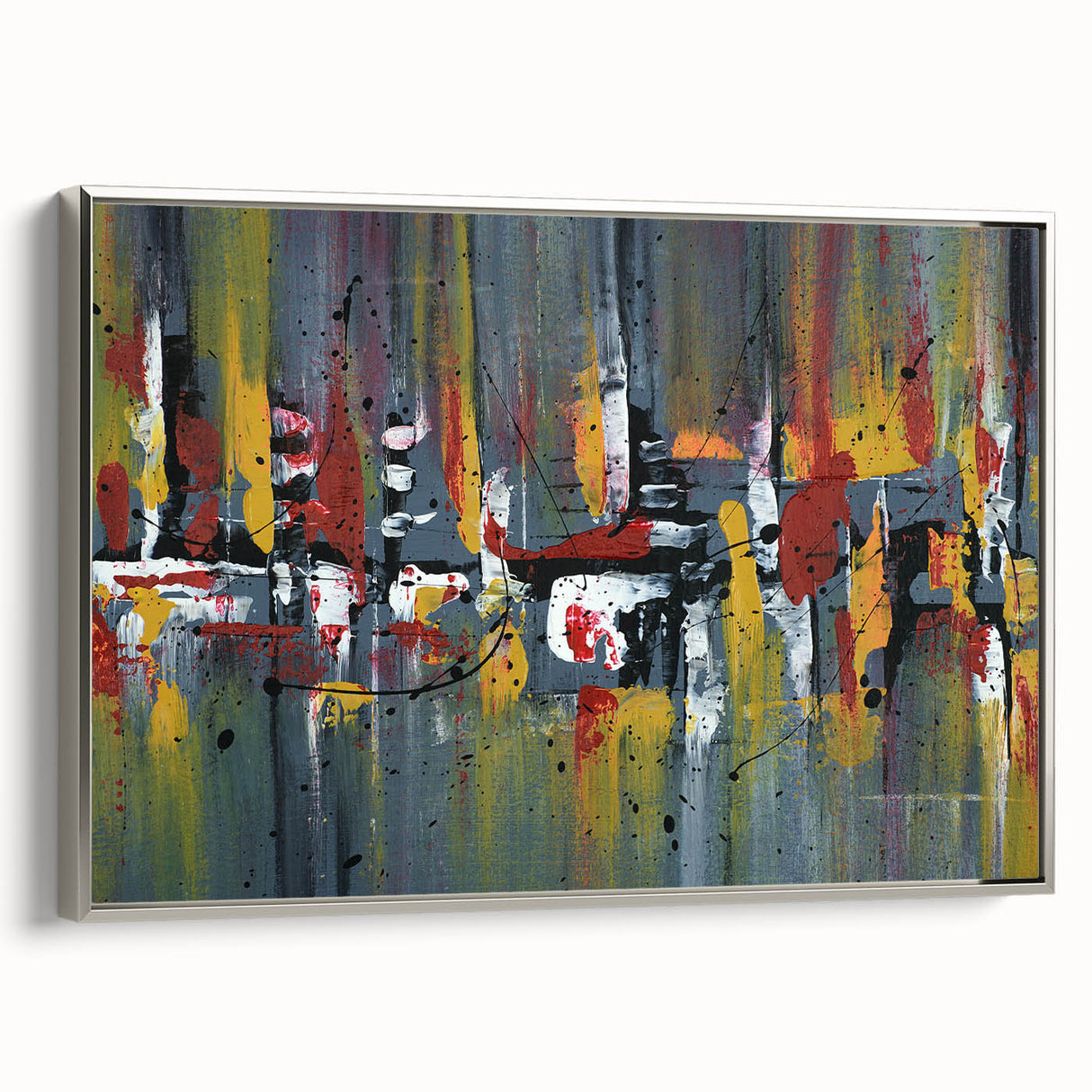 Framed canvas wall art featuring an abstract design of colorful strokes and lines, set against a sleek silver frame, ideal for modern home decor.