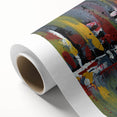 Colorful abstract strokes and lines on a rolled canvas, showcasing a modern artistic design perfect for home decor. The vibrant hues blend seamlessly, offering a stylish accent for any room.