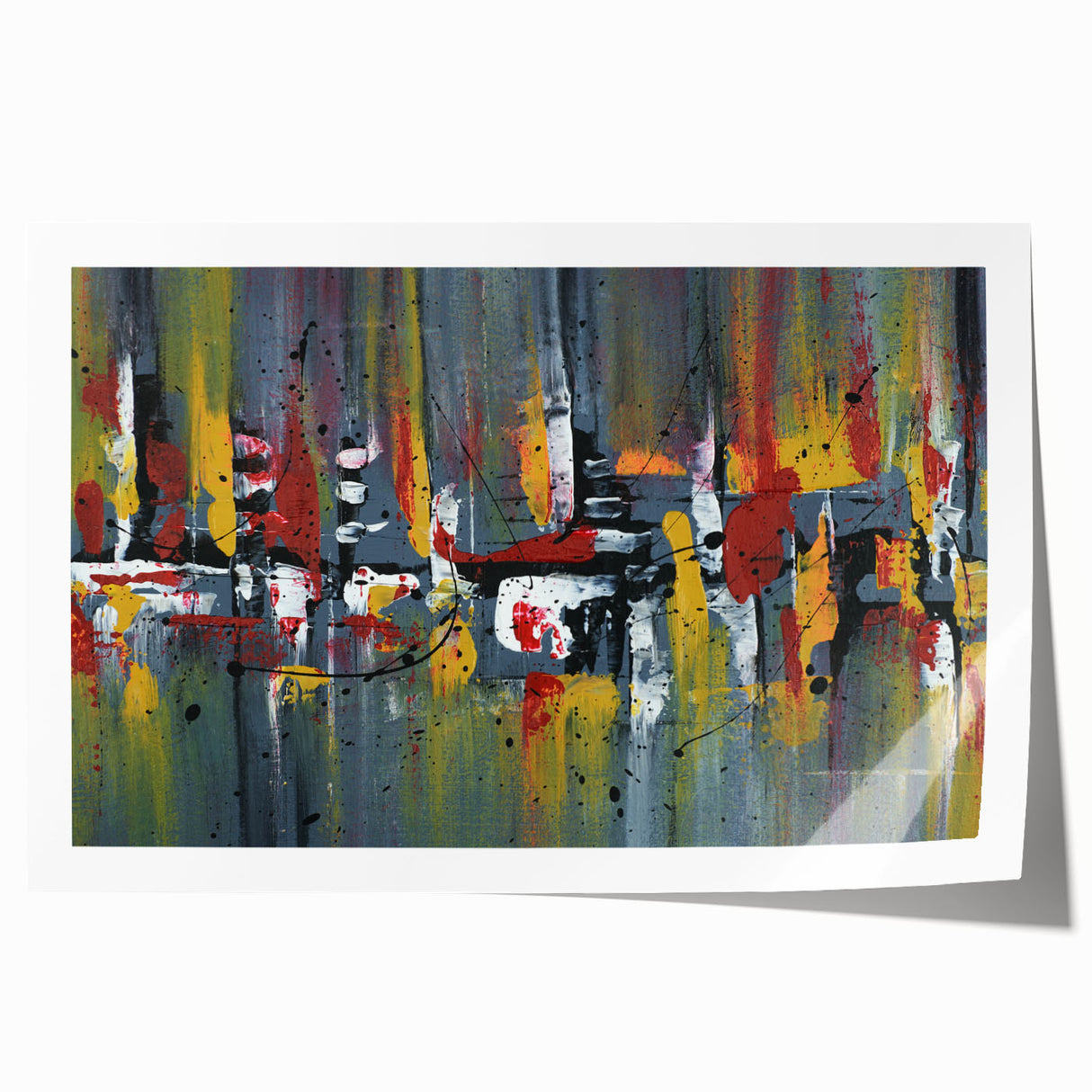 Abstract wall art print featuring vibrant strokes and lines in shades of blue, orange, and yellow, perfect for modern home decor. Ideal for adding a splash of color to any space.