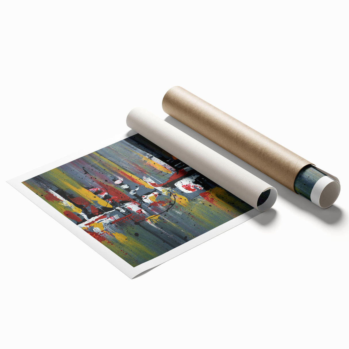 Abstract wall art print featuring colorful strokes and lines in vibrant hues of blue, orange, and yellow, designed for modern home decor. This rolled design adds a contemporary flair to any living space.