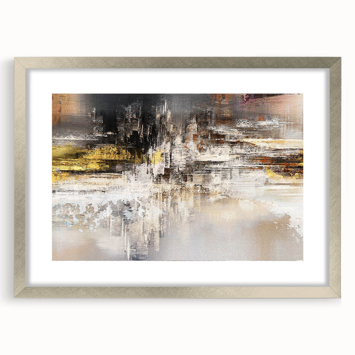Abstract wall art featuring a modern design of colorful strokes and lines, framed in silver with a mat. Ideal for contemporary home decor or office spaces.