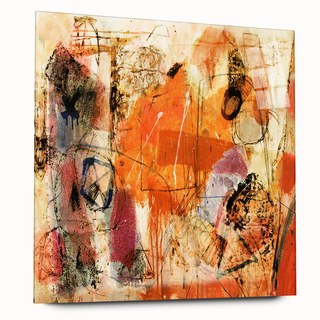 Abstract strokes and lines design wall art collection displayed from the side, showcasing a modern acrylic glass frame with vibrant colors and elegant contours, perfect for contemporary decor.