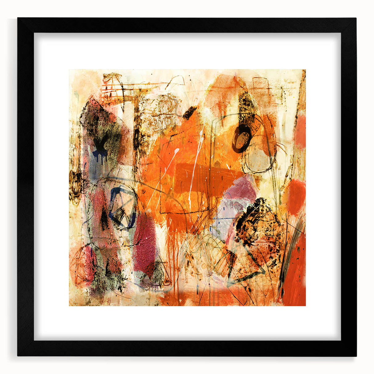 Abstract wall art featuring dynamic strokes and lines in a modern design, framed with a black mat and sleek black frame, perfect for contemporary decor.