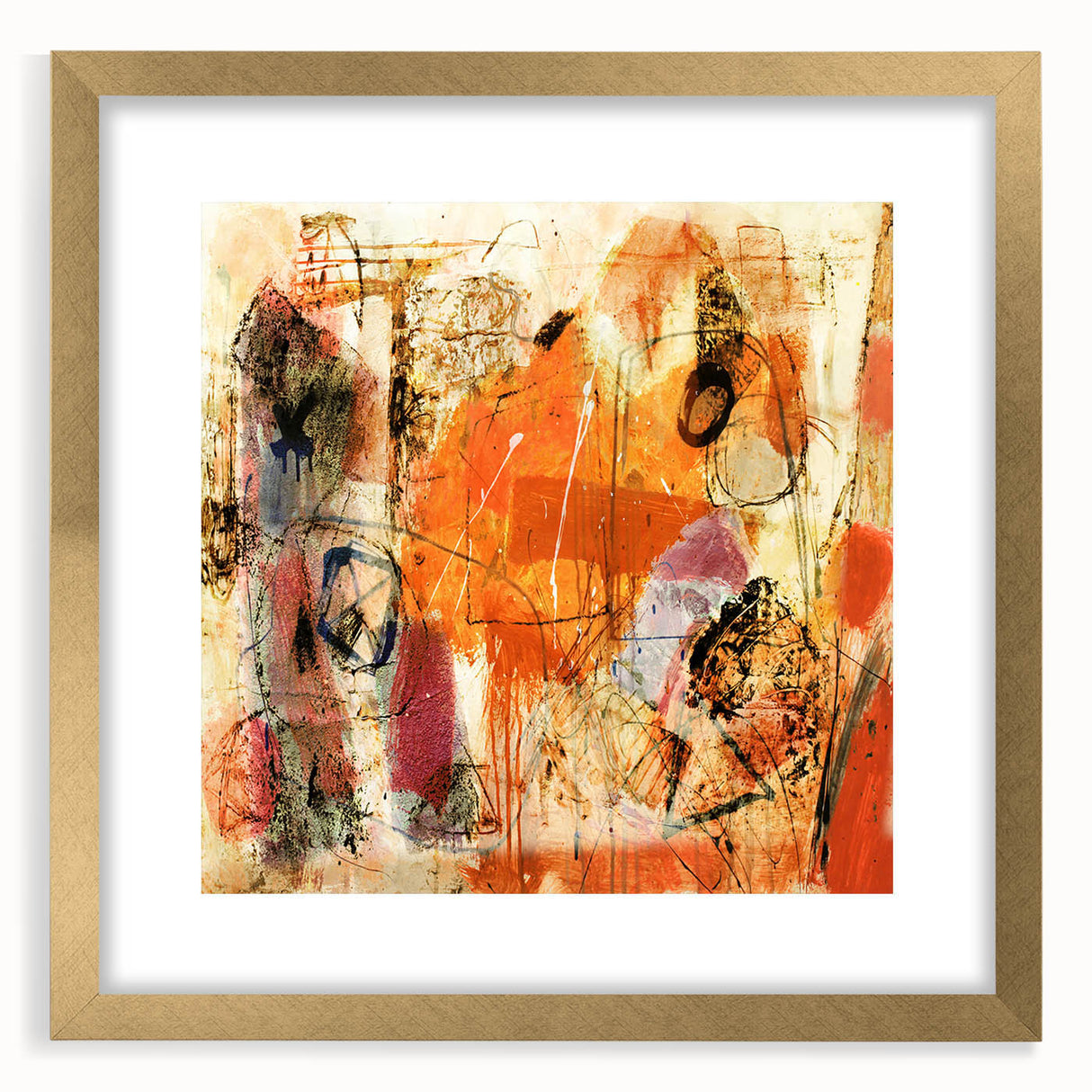 Abstract strokes and lines design in a gold-framed wall art piece, showcasing a modern aesthetic with a matte finish, perfect for contemporary decor styles. Ideal for enhancing living spaces or offices with artistic flair.