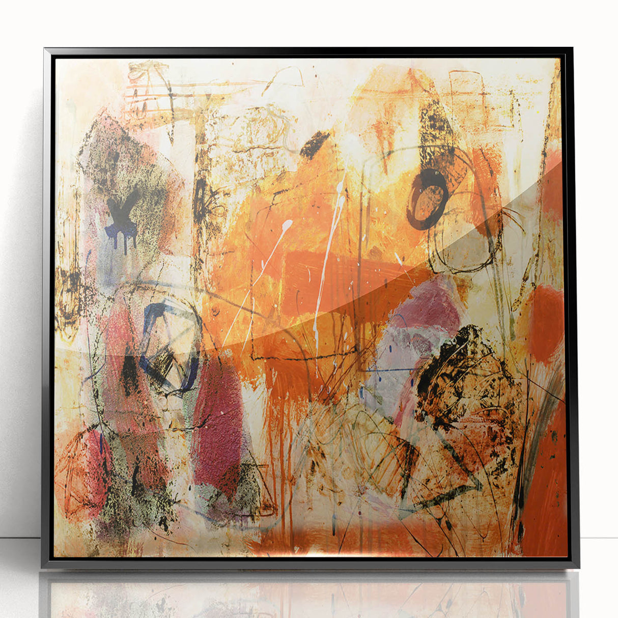 Framed acrylic wall art showcasing an abstract design with vibrant strokes and lines in black and colorful hues, perfect for modern home decor.