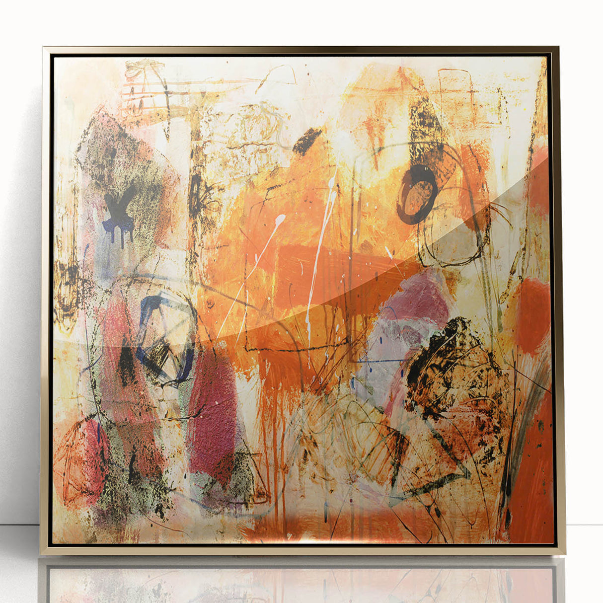 Framed wall art piece showcasing an abstract design of strokes and lines in gold and white, suitable for modern home decor, enhancing visual aesthetics and elegance.
