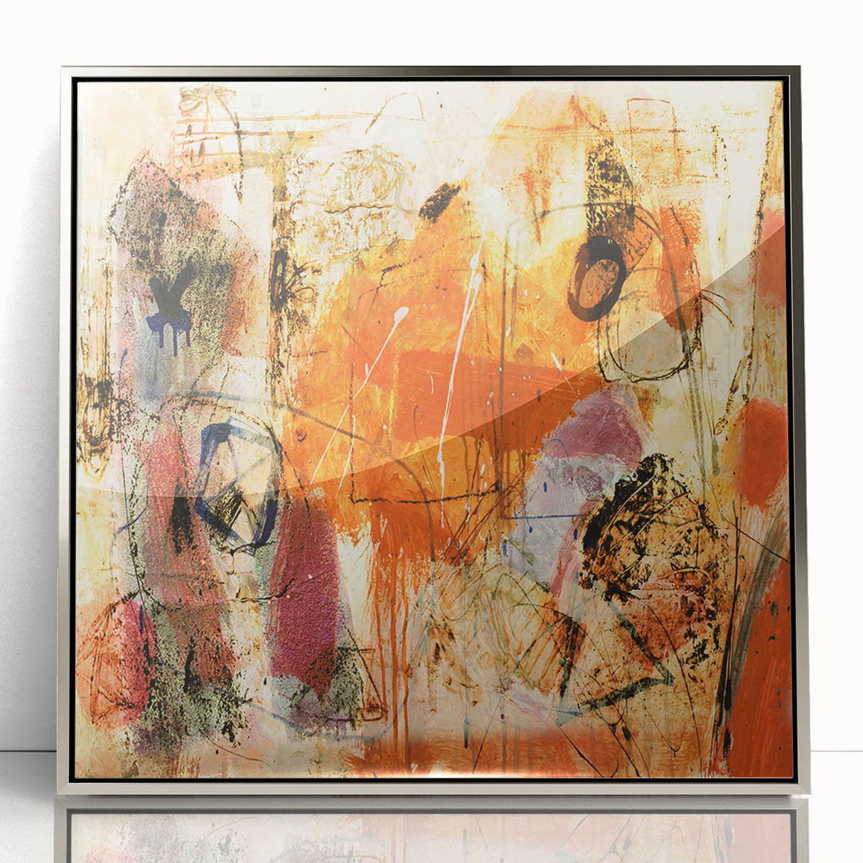 Framed wall art featuring an abstract design of strokes and lines in silver and white, ideal for modern decor. Perfect for enhancing living room aesthetics.