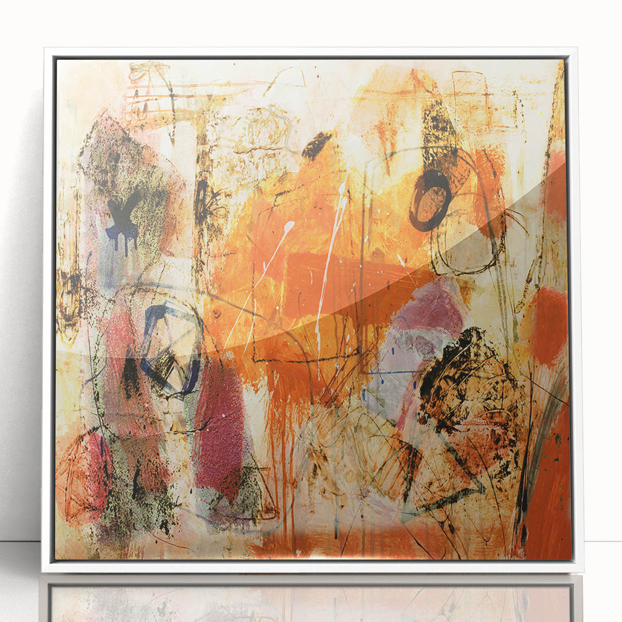 Framed wall art featuring an abstract design with colorful strokes and lines on a white background, ideal for modern decor. This acrylic piece adds a vibrant touch to any space.