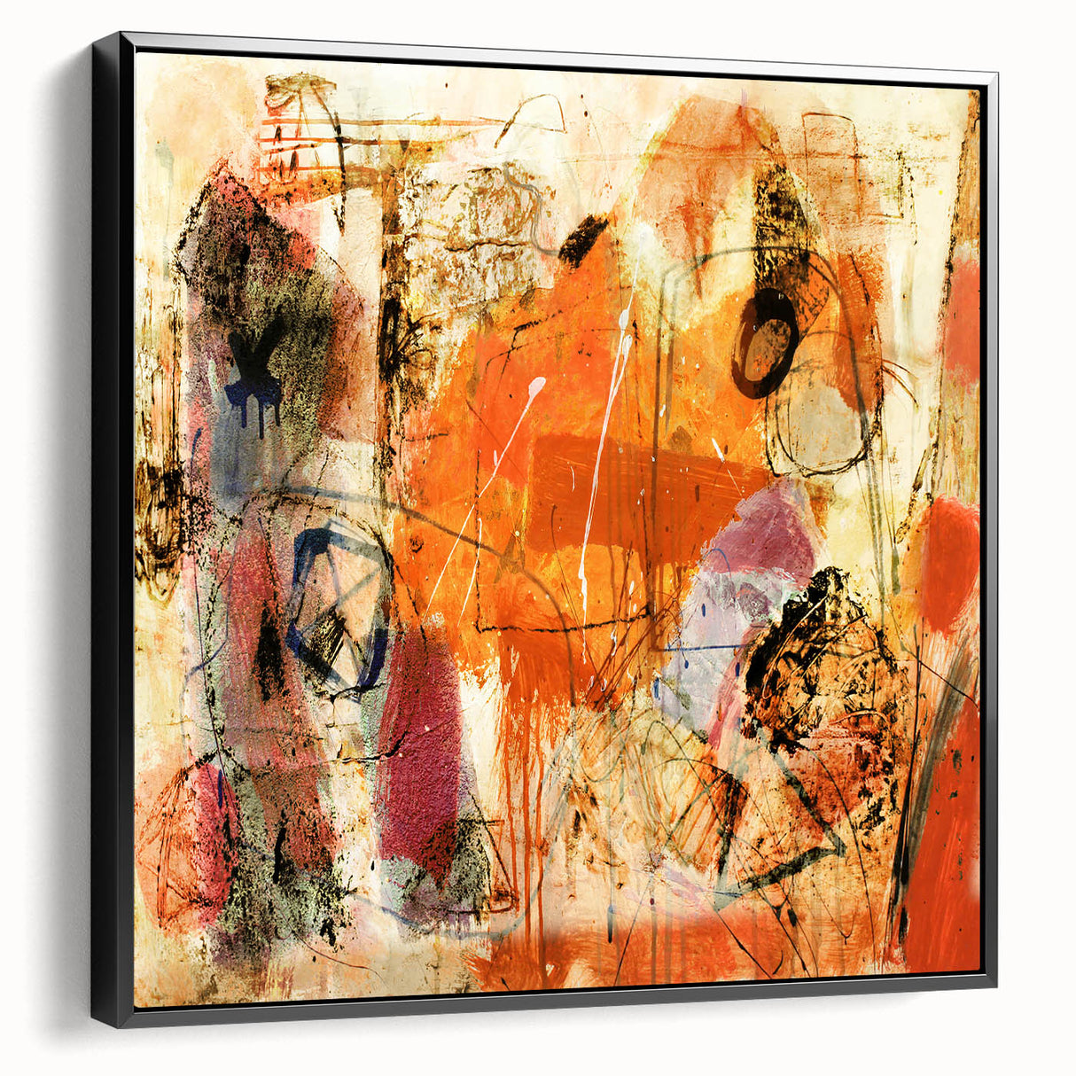 Framed canvas wall art showcasing an abstract design of vibrant strokes and lines in shades of blue, pink, and gold, perfect for modern home decor.