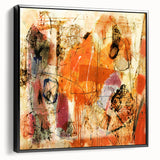 Framed canvas wall art showcasing an abstract design of vibrant strokes and lines in shades of blue, pink, and gold, perfect for modern home decor.
